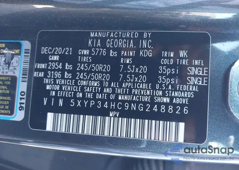 2022 Kia Telluride Ex z USA, uszkodzony, nr VIN 5XYP34HC9NG248826